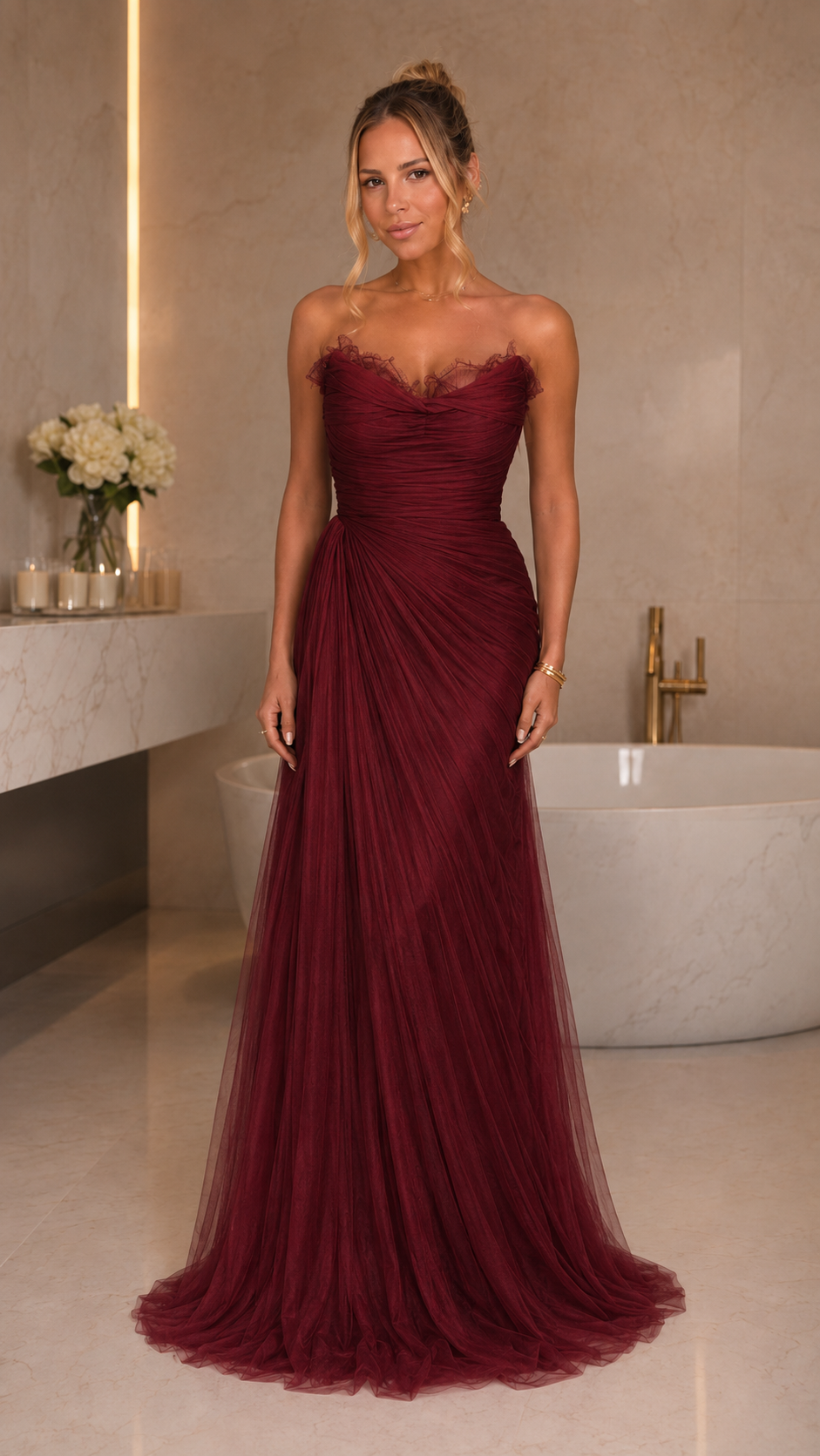 Front view of burgundy strapless ruched tulle gown with romantic neckline