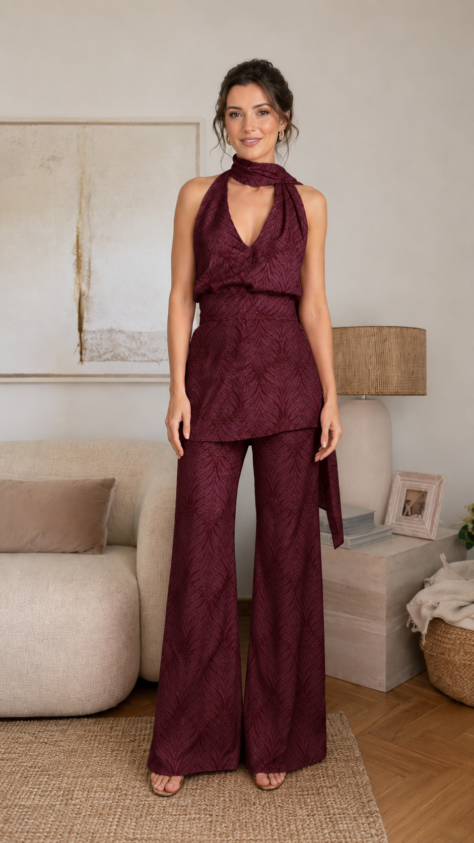 Front view of burgundy halter scarf neck top and wide-leg pants set