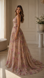 Blush pink floral glitter ball gown maxi dress side view