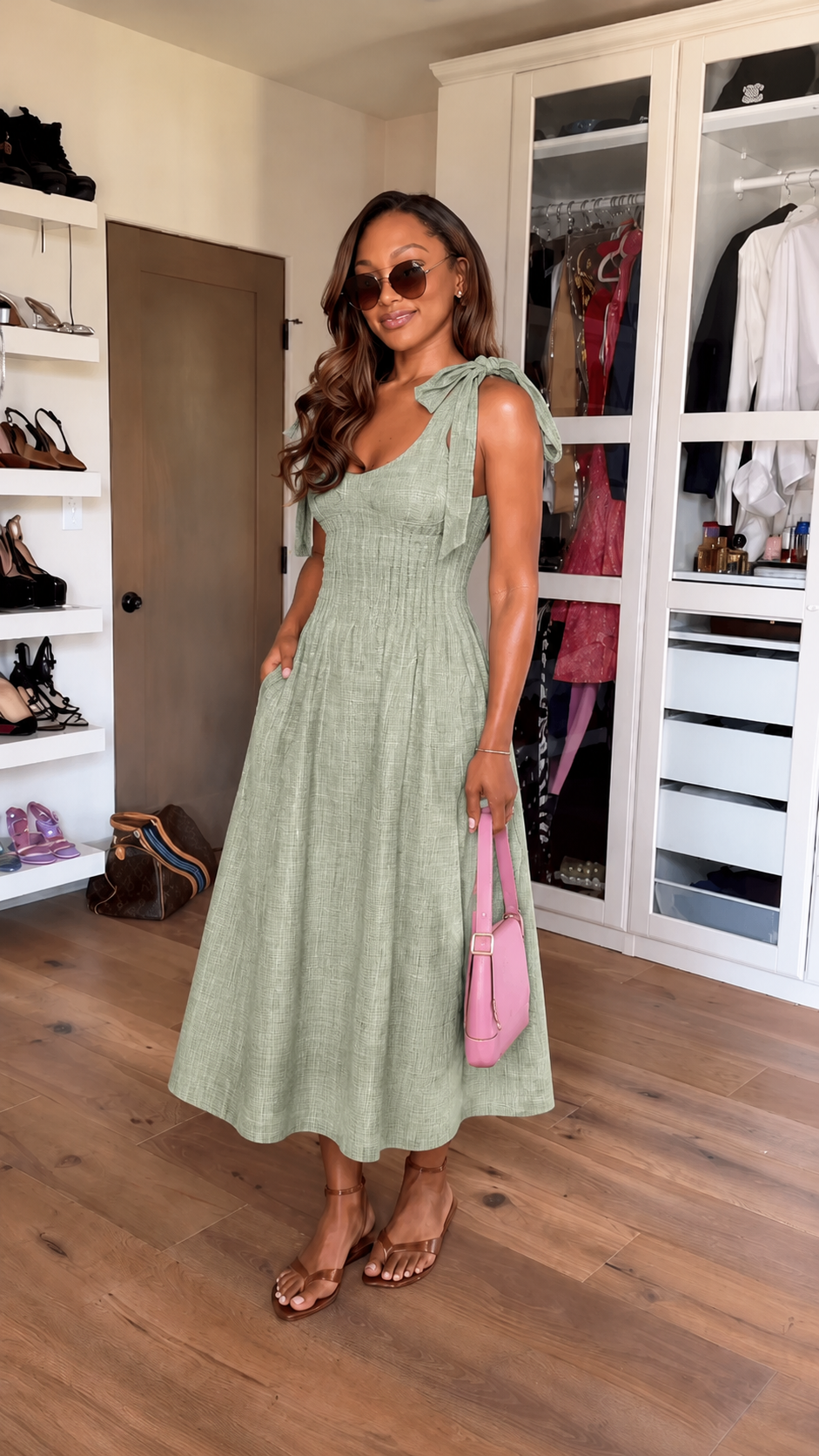 Front view of sage green tie-shoulder smocked midi dress with pockets