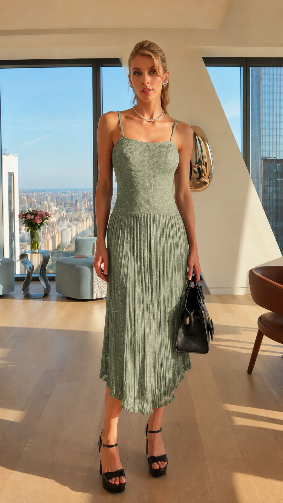 Front view of sage shimmer pleated midi dress with spaghetti straps