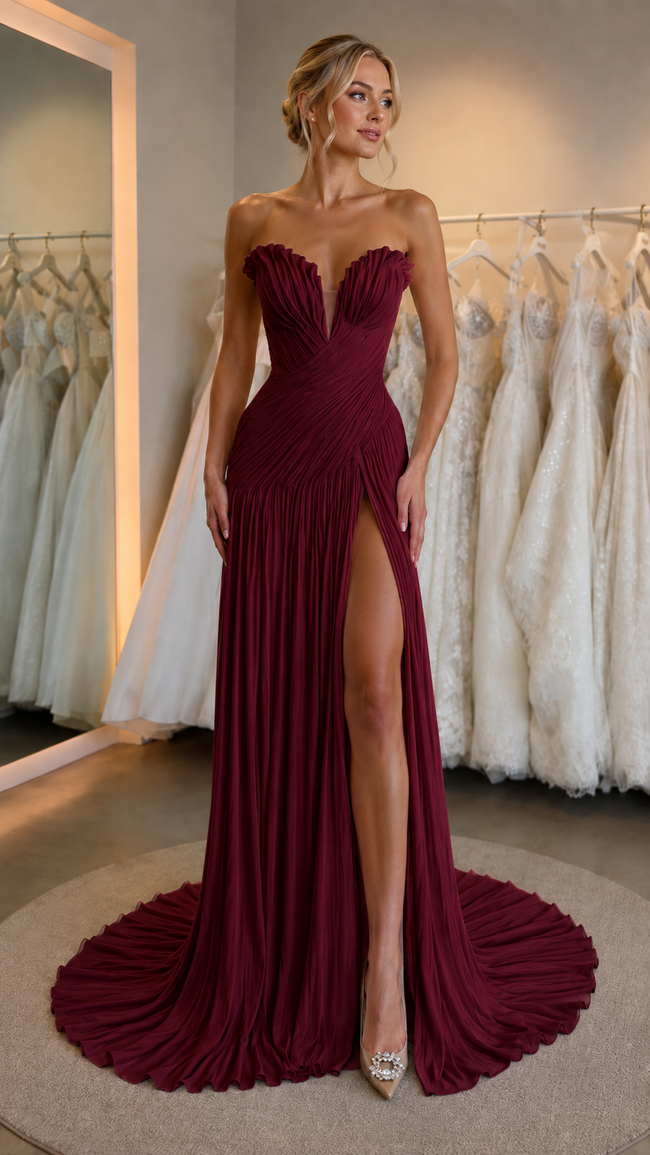 Front view of burgundy strapless pleated gown with thigh slit and train