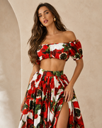 Close front view of the red floral off shoulder crop top and maxi skirt set