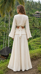 Back view of ivory crop top and maxi skirt set with tie-back detail