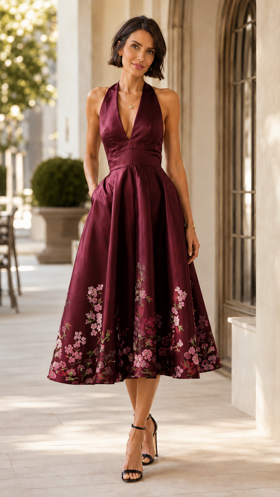 Front view of burgundy halter midi dress with floral hem print