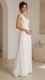 Side view of ivory sleeveless lace jumpsuit with V-neck bodice
