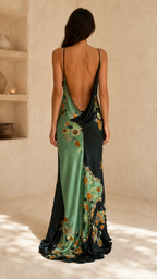 Back view of teal floral satin maxi dress with low cowl open back
