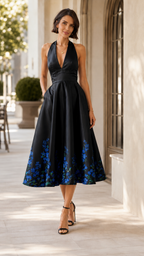 Front view of black halter midi dress with blue floral border print