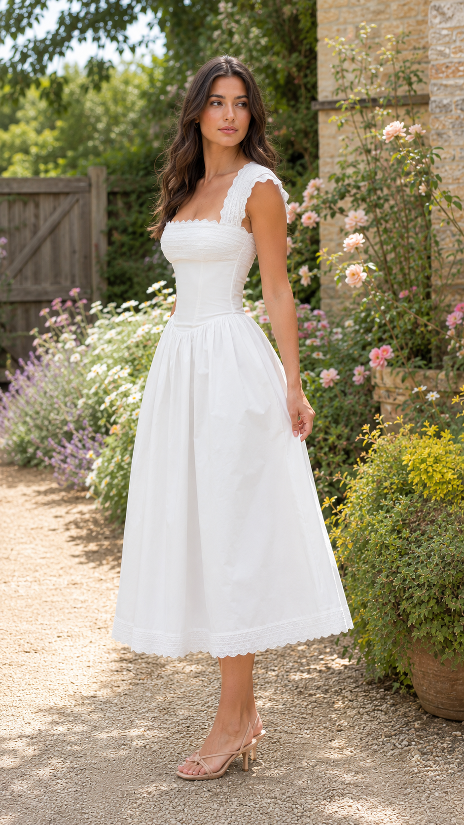 Side view of white scalloped square neck midi dress with full skirt