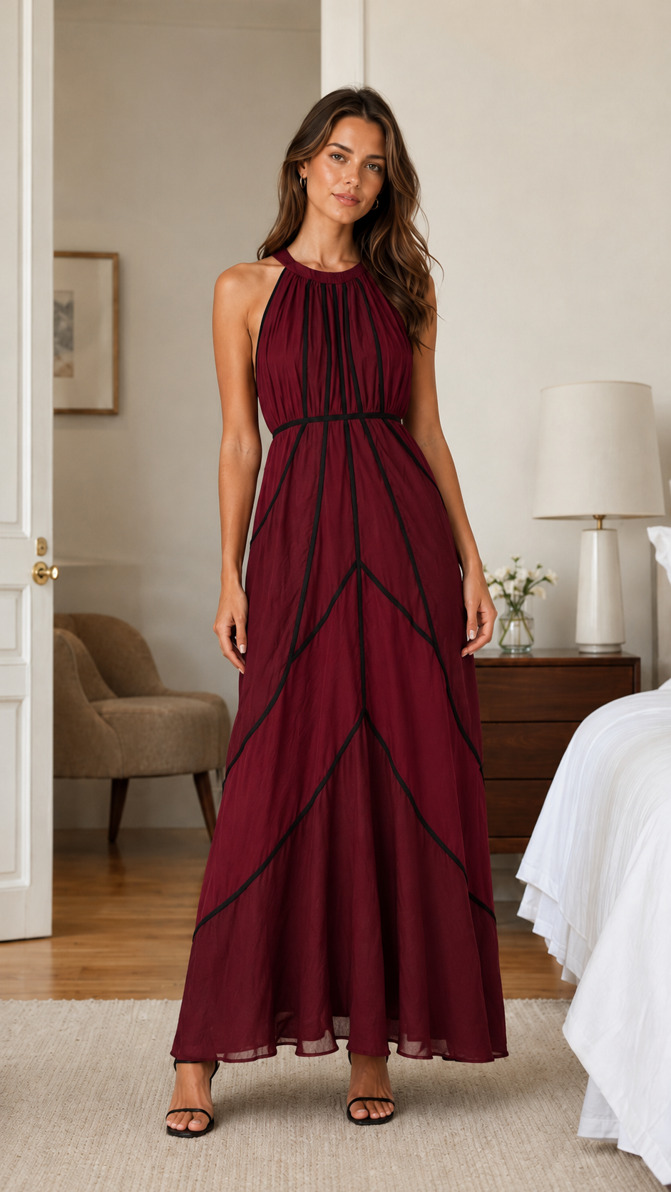 Front view of wine red halter maxi dress with contrast piping