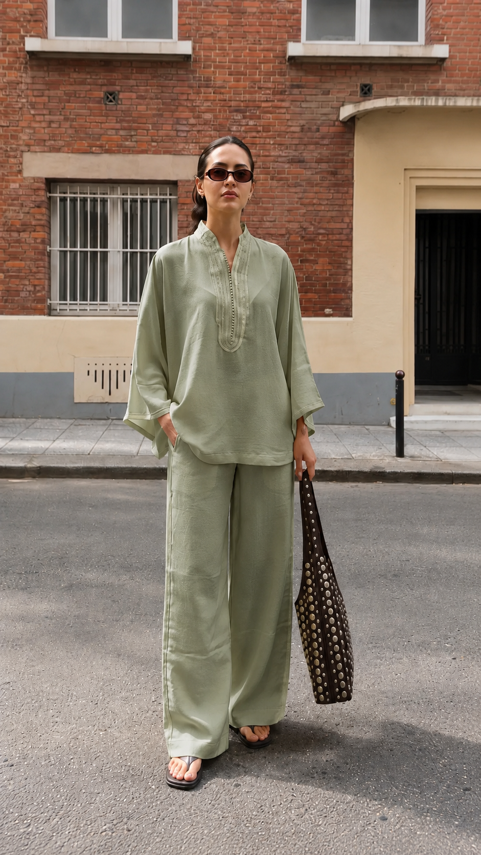 Model wearing a sage green embroidered tunic and wide-leg pants matching set