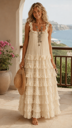 Front view of cream pleated ruffle tiered maxi dress full length