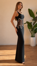 Side view of black square neck maxi dress with body-skimming fit and side cutout