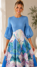 Sky blue floral puff sleeve dress close front detail view