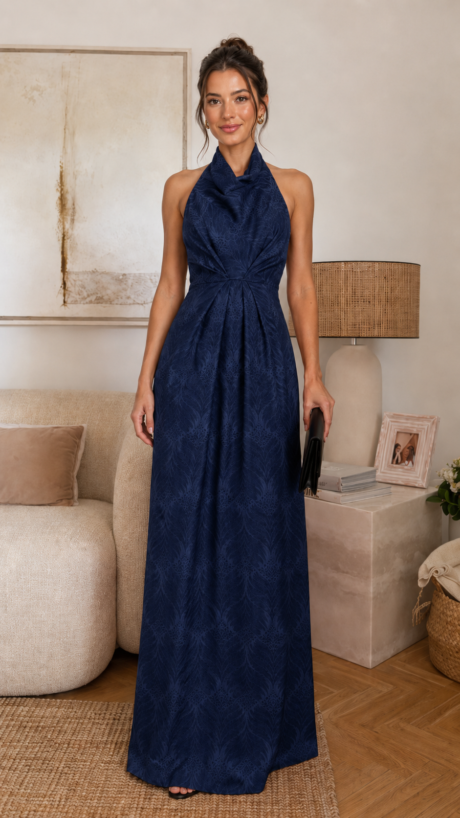 Front view of navy halter neck backless maxi evening dress