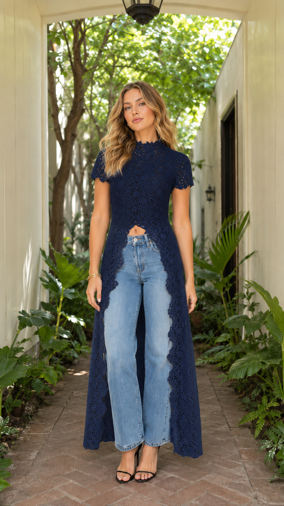 Front view of navy floral lace high neck split front maxi top with jeans