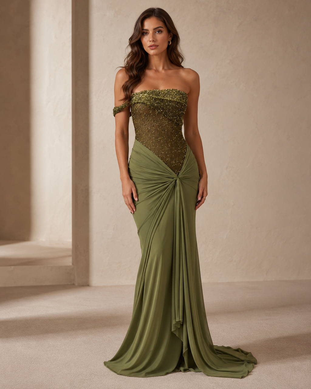 Olive off-shoulder beaded mermaid evening gown full-length front view