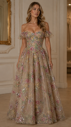 Floral Sequin Off Shoulder Ball Gown