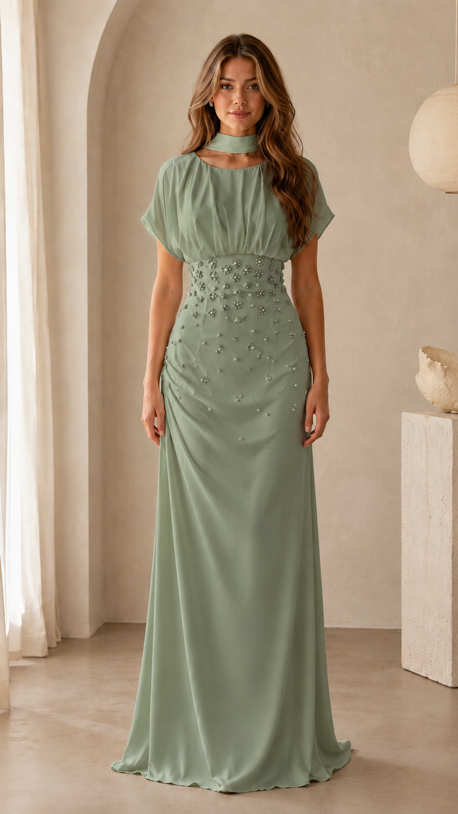 Women's Elegant Beaded Maxi Dress with High Neck & Draped Waist