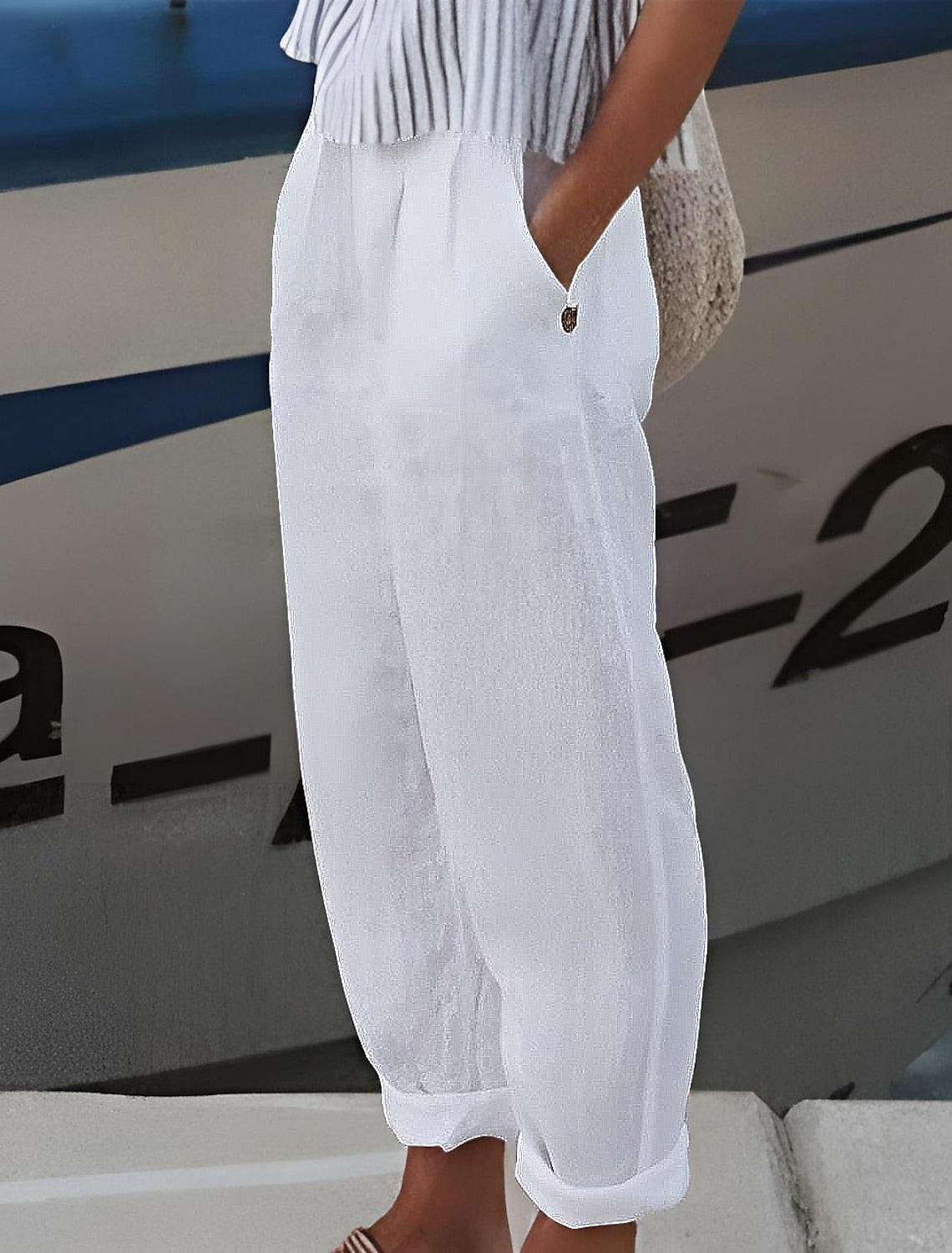 Cotton Linen Straight Pocket Casual Pants