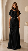 Women's Elegant Beaded Maxi Dress with High Neck & Draped Waist
