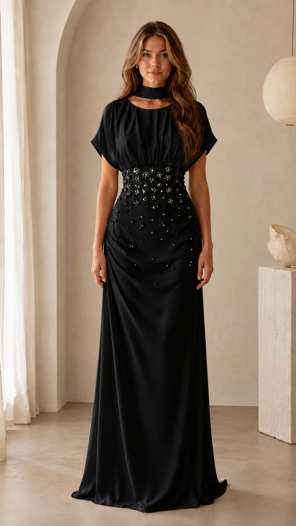 Women's Elegant Beaded Maxi Dress with High Neck & Draped Waist