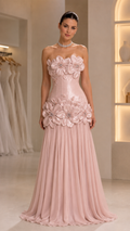 strapless 3D floral appliqué evening gown