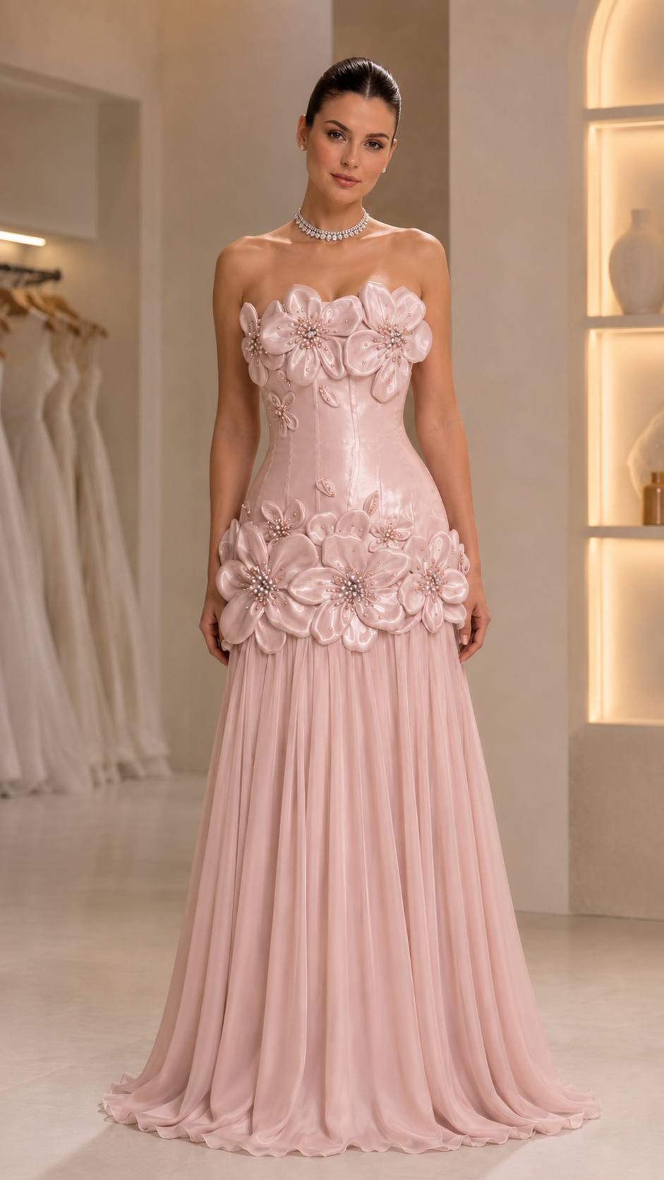 strapless 3D floral appliqué evening gown