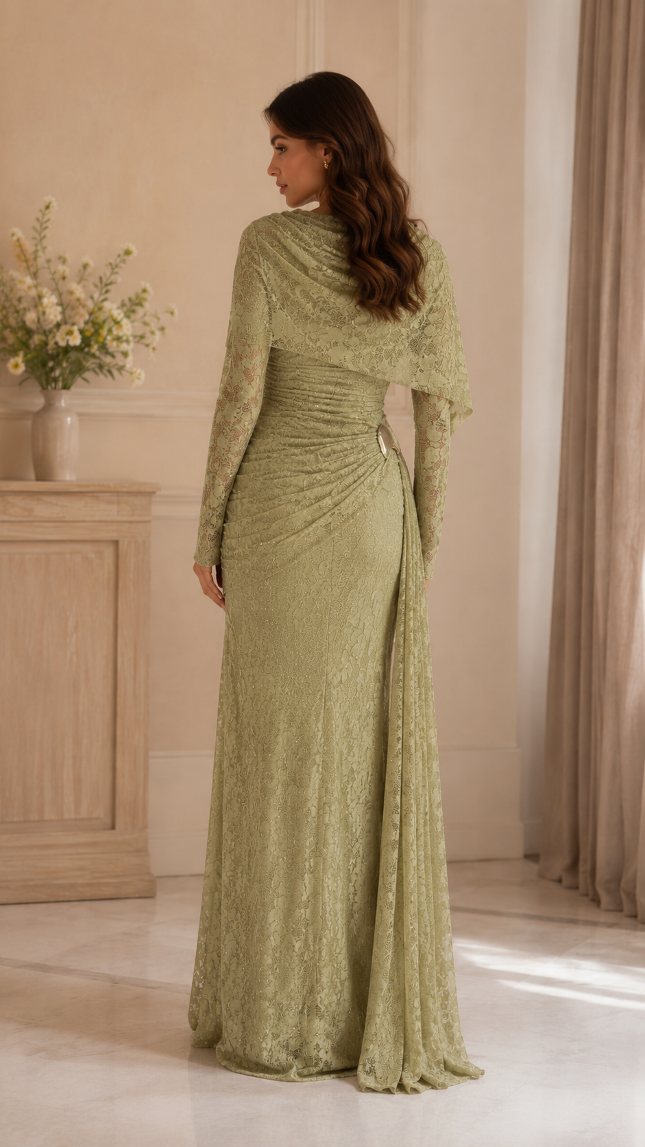 Women's Elegant Lace Draped Cape Maxi Dress
