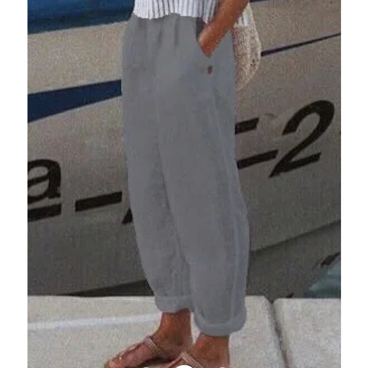 Cotton Linen Straight Pocket Casual Pants