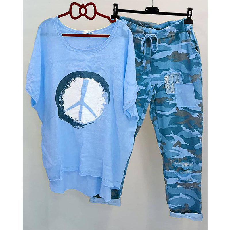 Women's Short Sleeve Top Camo Pants Two Piece Set