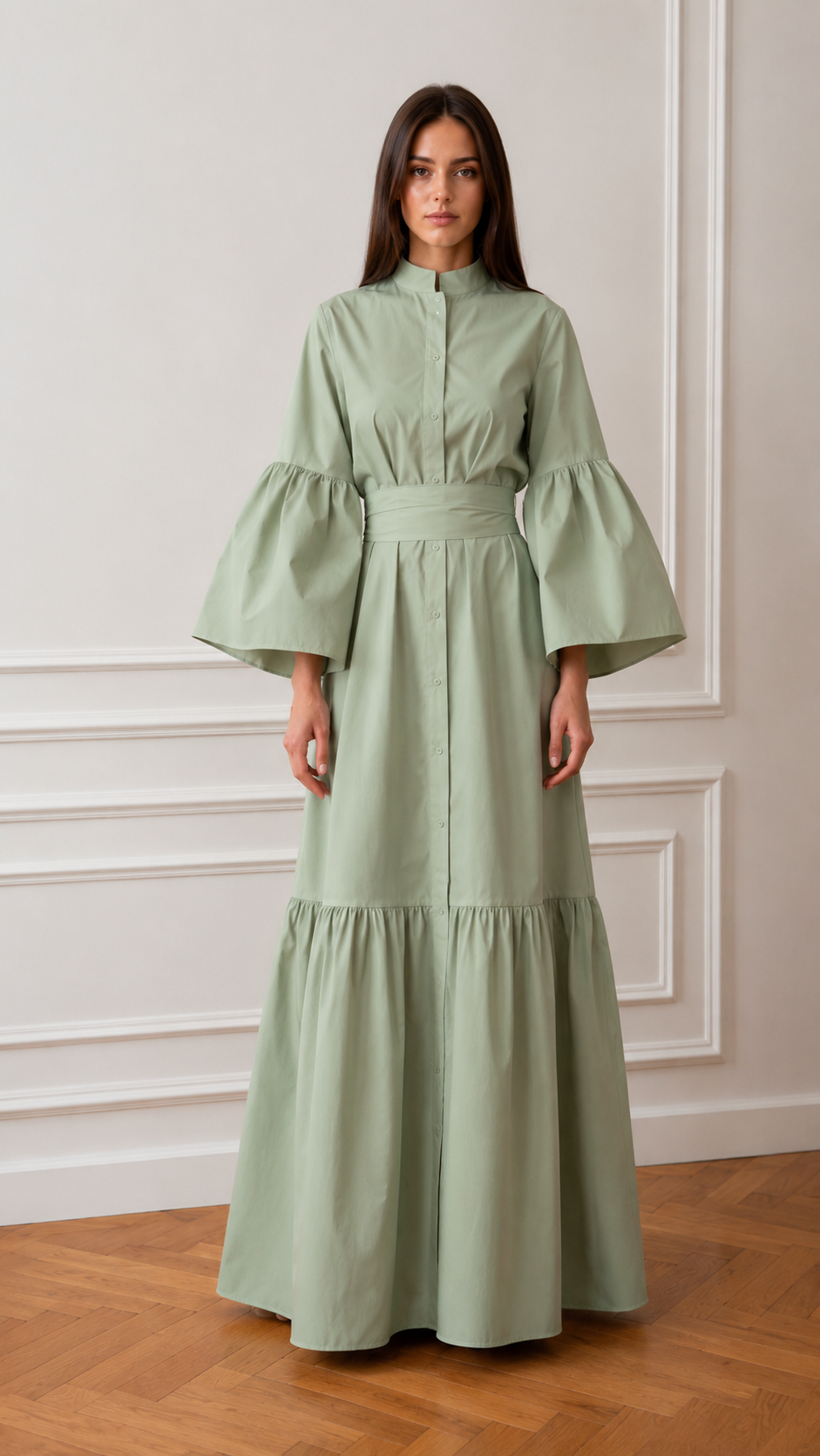 Women's Elegant Mandarin Collar Bell Sleeve Maxi Dress