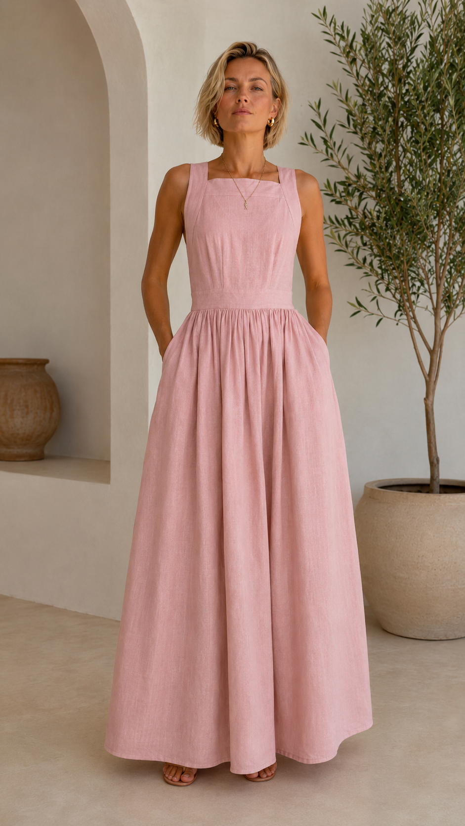 sleeveless linen-blend maxi dress