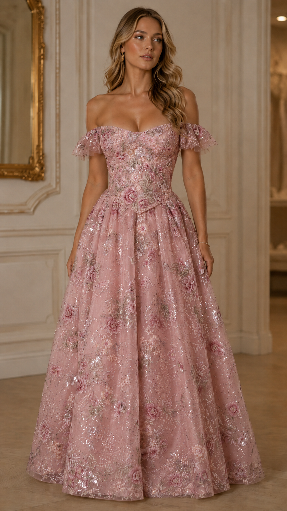 Floral Sequin Off Shoulder Ball Gown