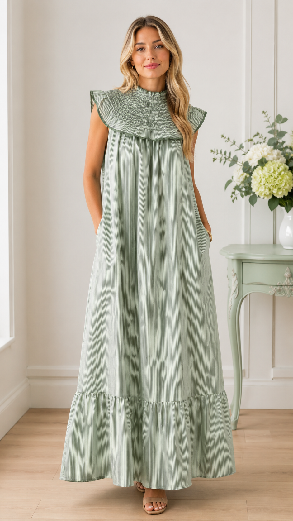 Ruffle Collar Striped Maxi Dress
