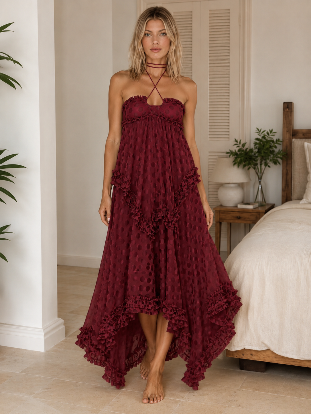 polka dot ruffle halter high-low maxi dress