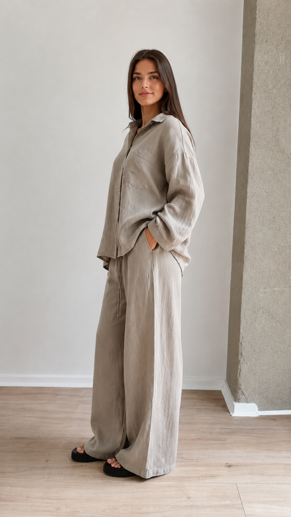 Women's Linen Blend Relaxed Shirt & Wide Leg Pants Set