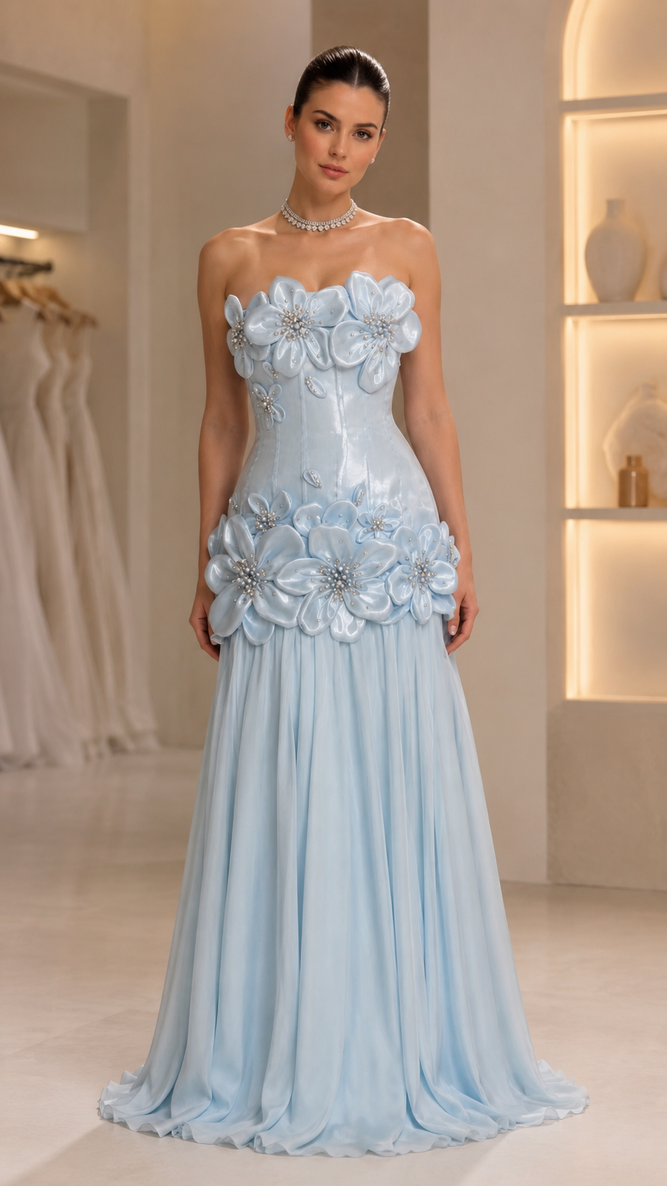 strapless 3D floral appliqué evening gown