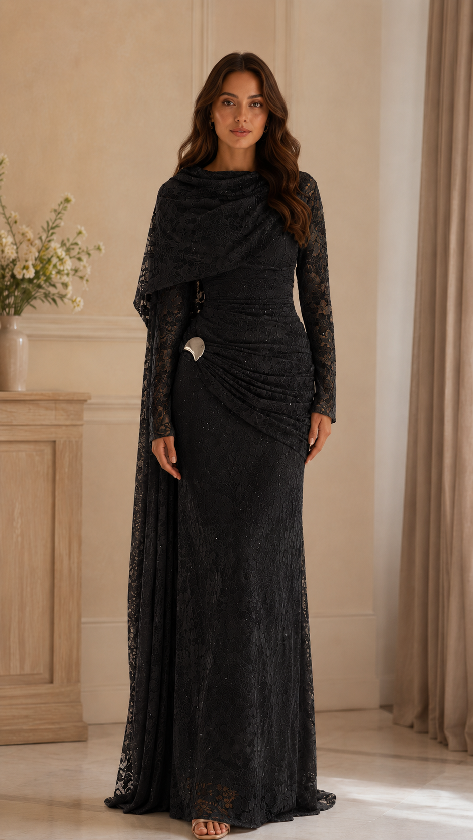 Women's Elegant Lace Draped Cape Maxi Dress