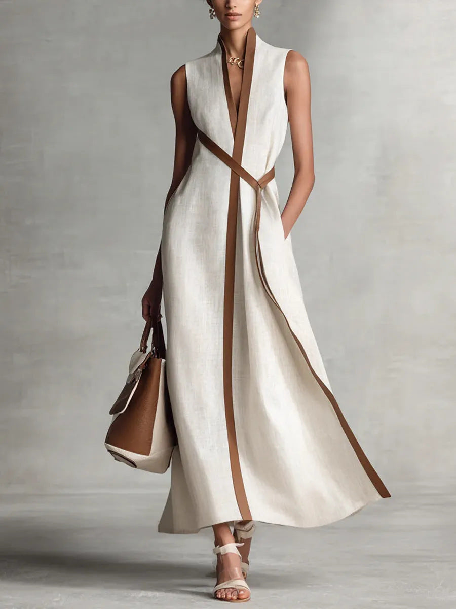 Elegant Contrast Trim Sleeveless Linen-Blend Maxi Dress