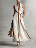 Elegant Contrast Trim Sleeveless Linen-Blend Maxi Dress