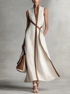 Elegant Contrast Trim Sleeveless Linen-Blend Maxi Dress