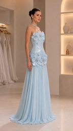 strapless 3D floral appliqué evening gown