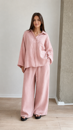 Women's Linen Blend Relaxed Shirt & Wide Leg Pants Set