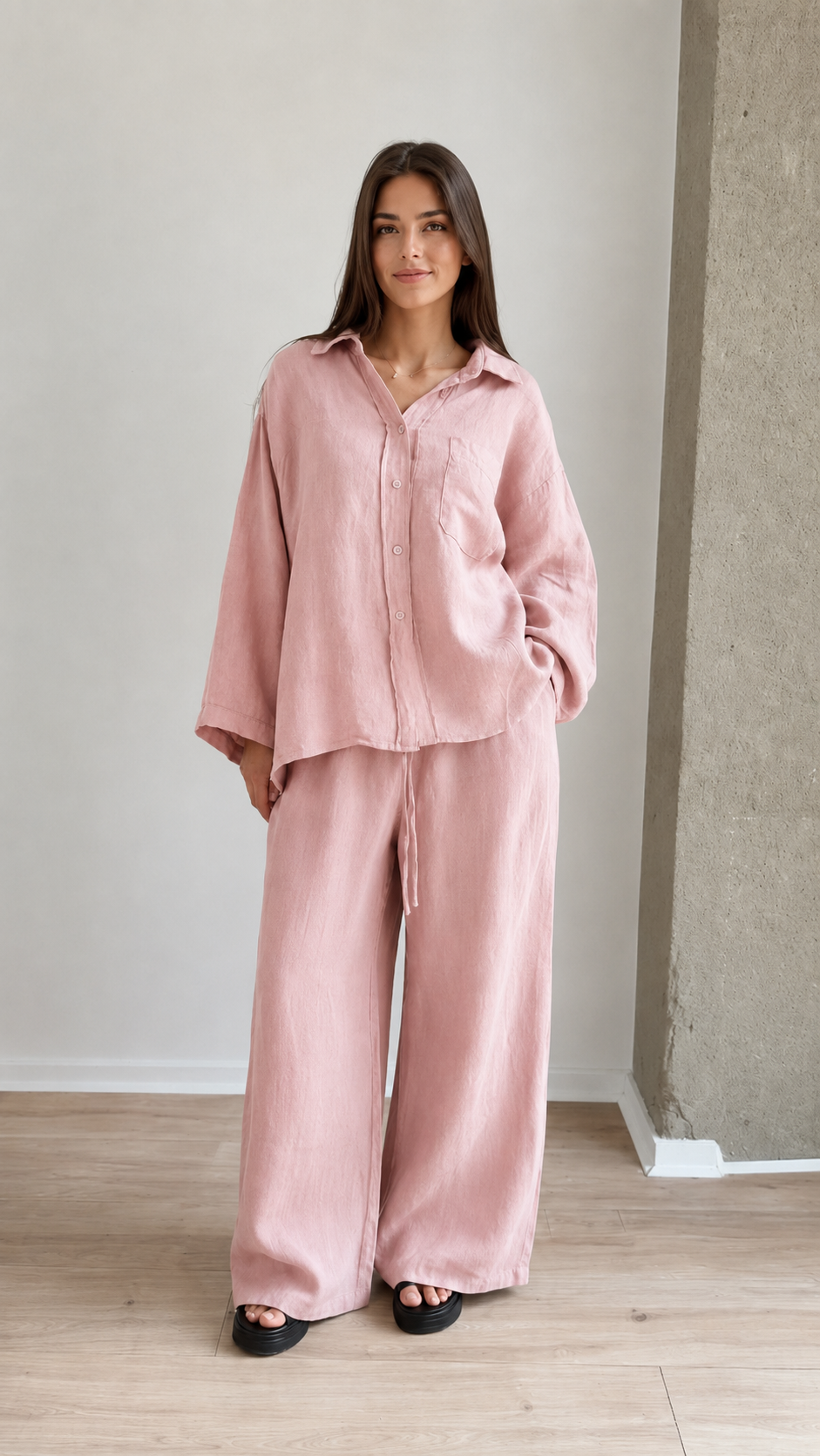 Women's Linen Blend Relaxed Shirt & Wide Leg Pants Set