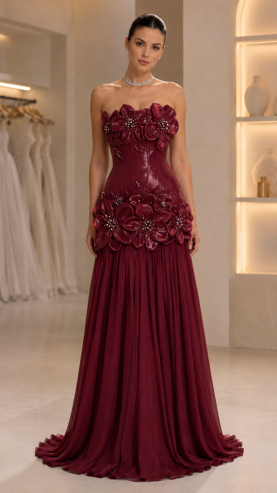 strapless 3D floral appliqué evening gown