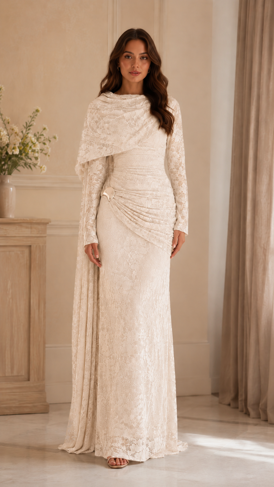 Women's Elegant Lace Draped Cape Maxi Dress