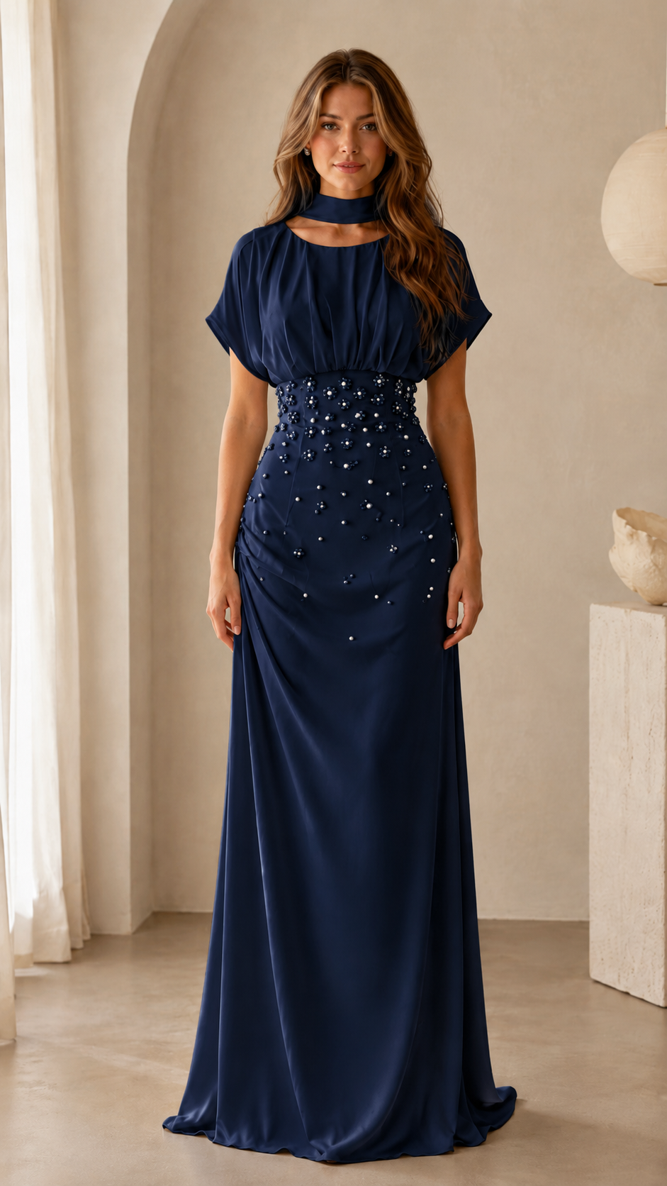 Women's Elegant Beaded Maxi Dress with High Neck & Draped Waist