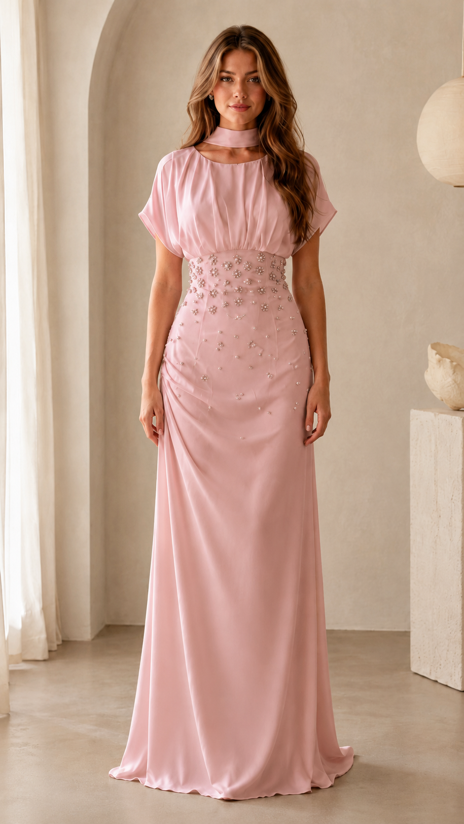 Women's Elegant Beaded Maxi Dress with High Neck & Draped Waist