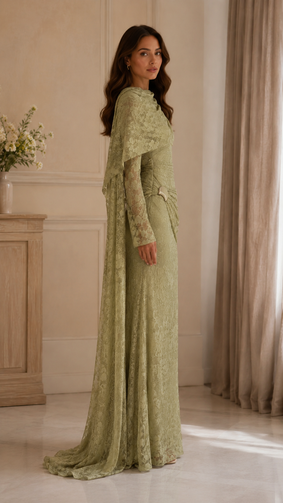 Women's Elegant Lace Draped Cape Maxi Dress